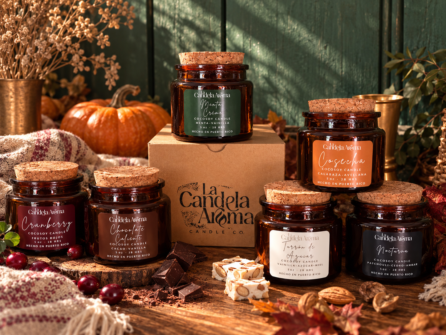 Colección Cosecha de La Candela Aroma: Cranberry, Chocolate Caliente, Menta Crème, Cosecha, Turrón de Azúcar y Nocturna